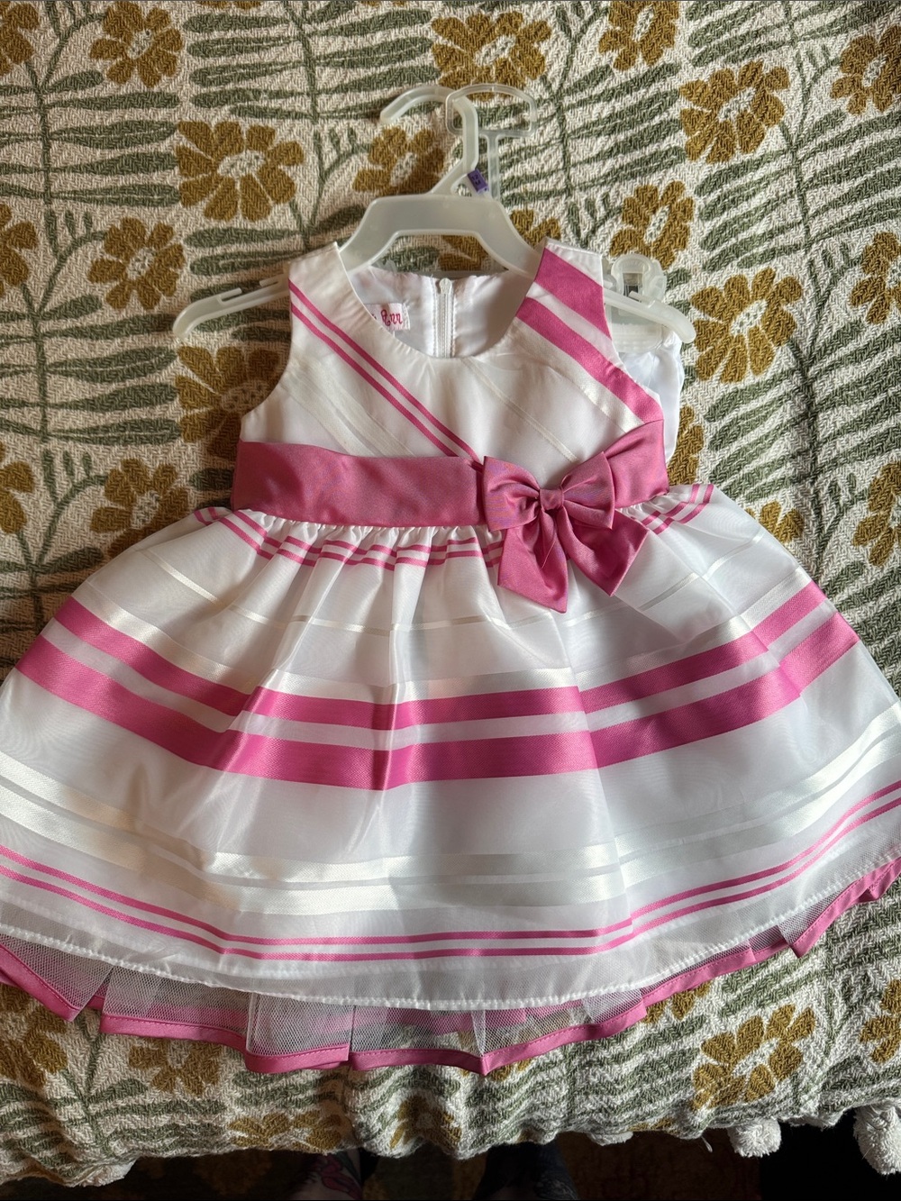 Girls White and Pink Striped Party Dress with Bow 12 Month